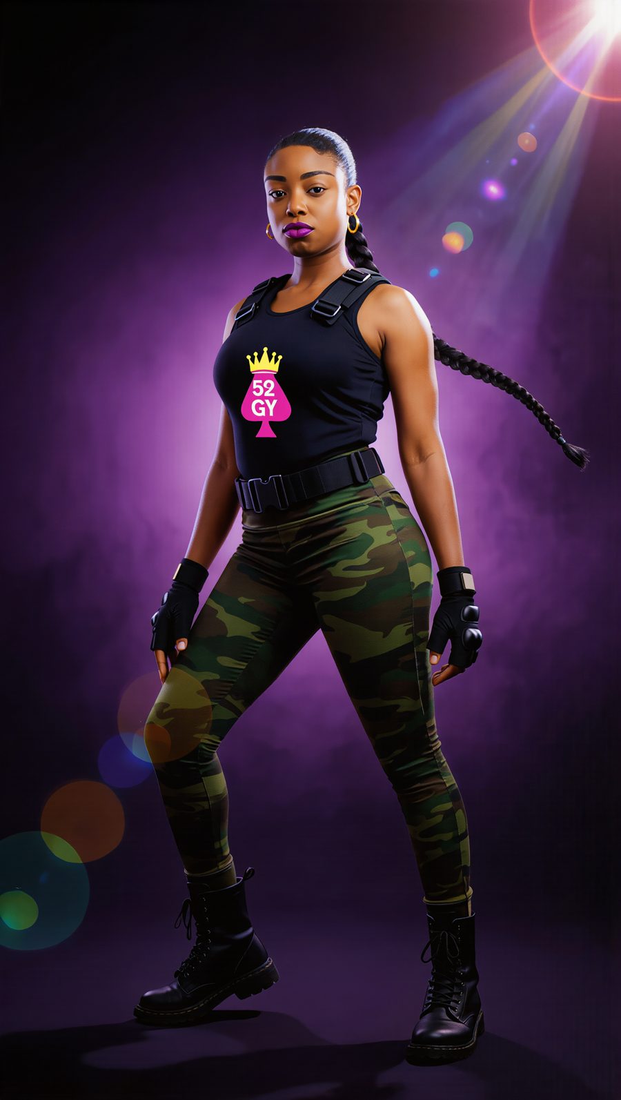 Queen of Ace — Commando look: black vest, camo, spade-crown badge, braid