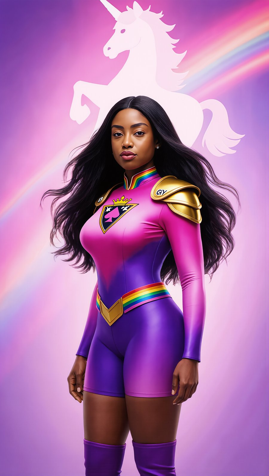 Queen of Ace — Brite hero full body, rainbow belt, unicorn rearing behind