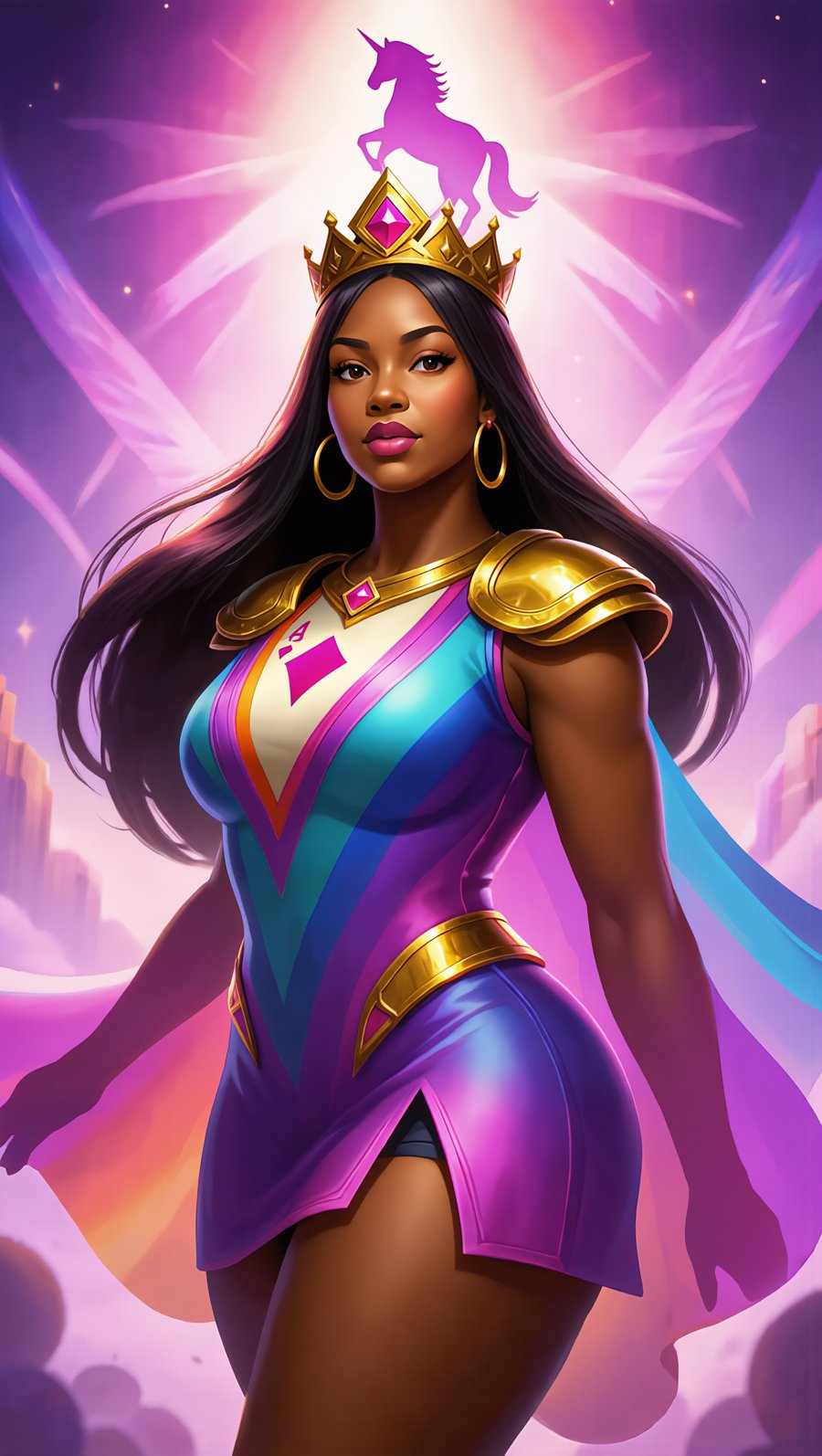 Queen of Ace — stylised, gold crown in the hair, unicorn crest above