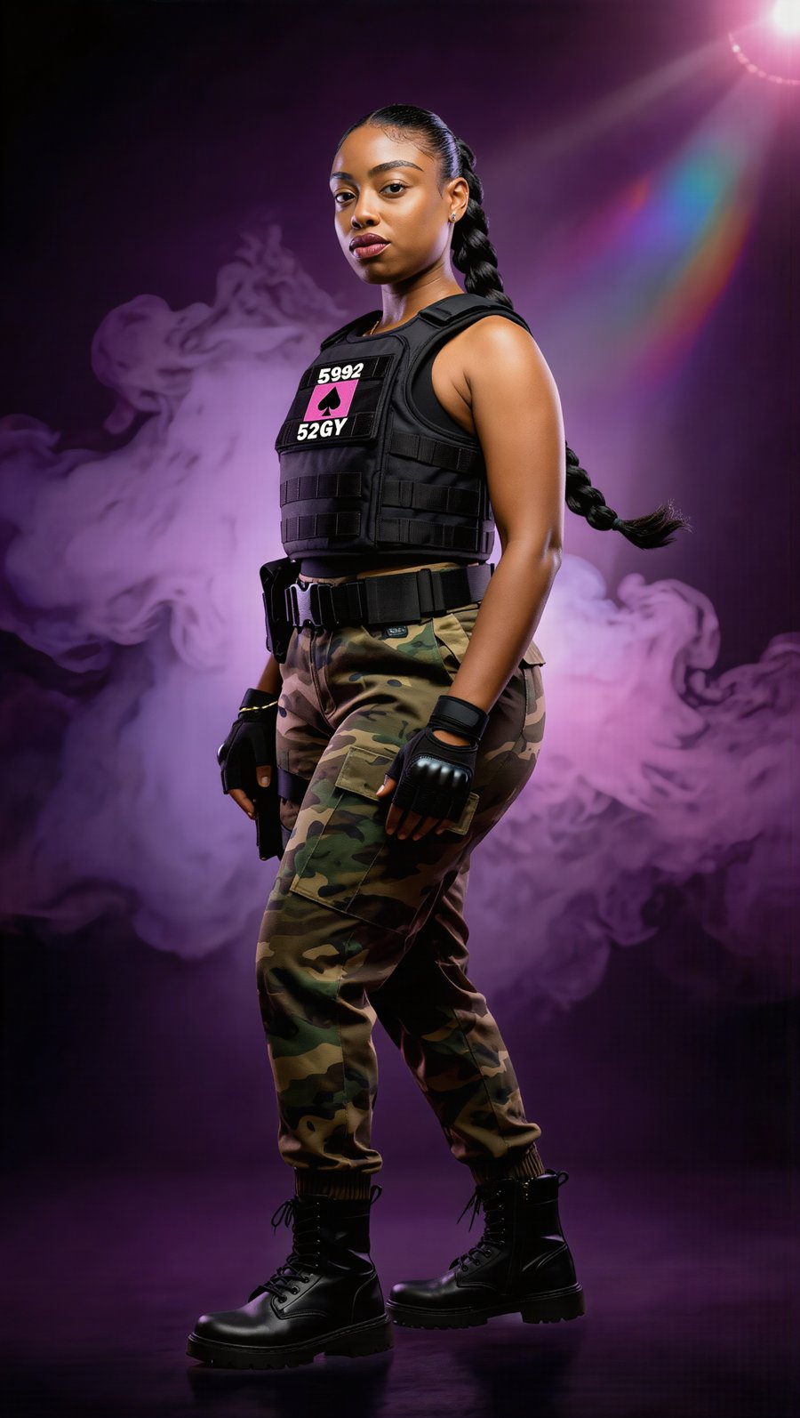 Queen of Ace — Commando look in pink smoke, tactical vest with 592GY